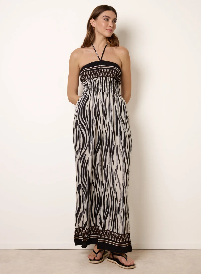 بلو فانيلا Zebra Print Halter Neck Shirred Waist Jumpsuit